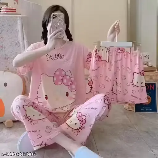 Women's Pink Nightwear 3 Pcs Set | Cute Cartoon Printed Loungewear for Girls & Women | Soft & Comfortable Sleepwear with T-Shirt, Pyjama & Shorts | Plus Size Night Suit Available (M to 3XL) | Lycra Digital Print fabric Homewear